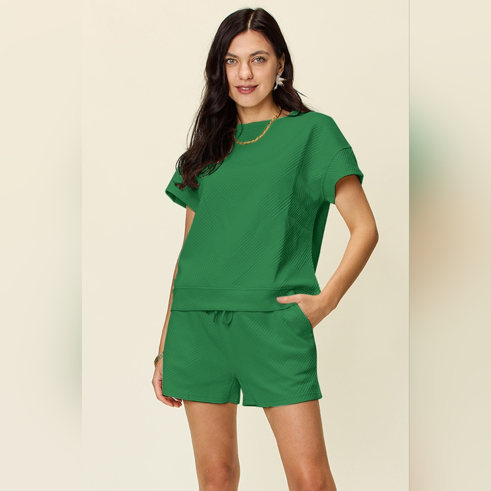 Double Take Full Size Texture Short Sleeve T-Shirt and Drawstring Shorts Set